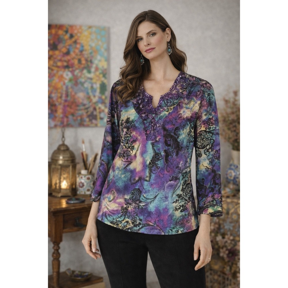 Chicos Women Purple Teal Abstract Paisley Embellished V-Neck Tunic Blouse Sz 0 S